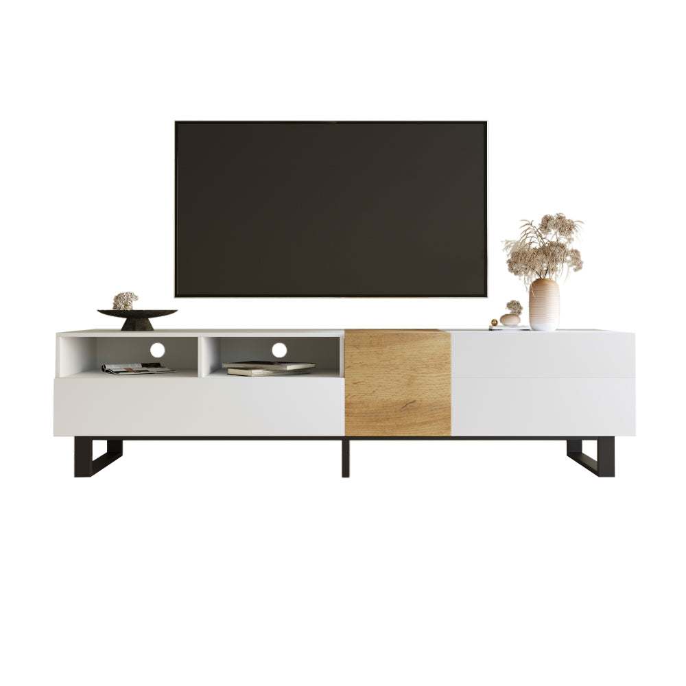 Modern TV Stand, White with Wood Grain Finish, Dimensions 180×50×38cm, Minimalist Design