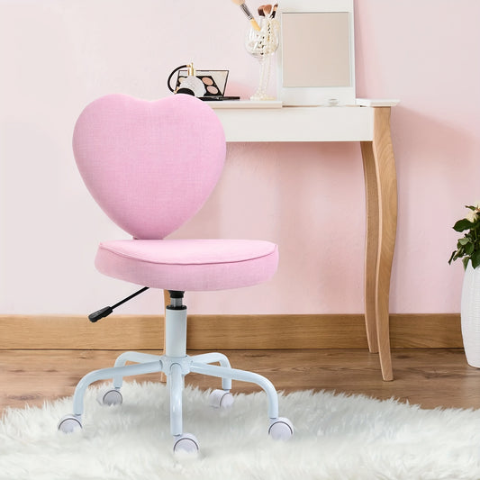 Loungestoel – Fauteuil – Draaistoel – Relaxstoel – Leessstoel – Hartvormig Design – Verstelbare Zithoogte – Roze Linnen – 360° Draaibaar – Compact 40x50x79-89 cm