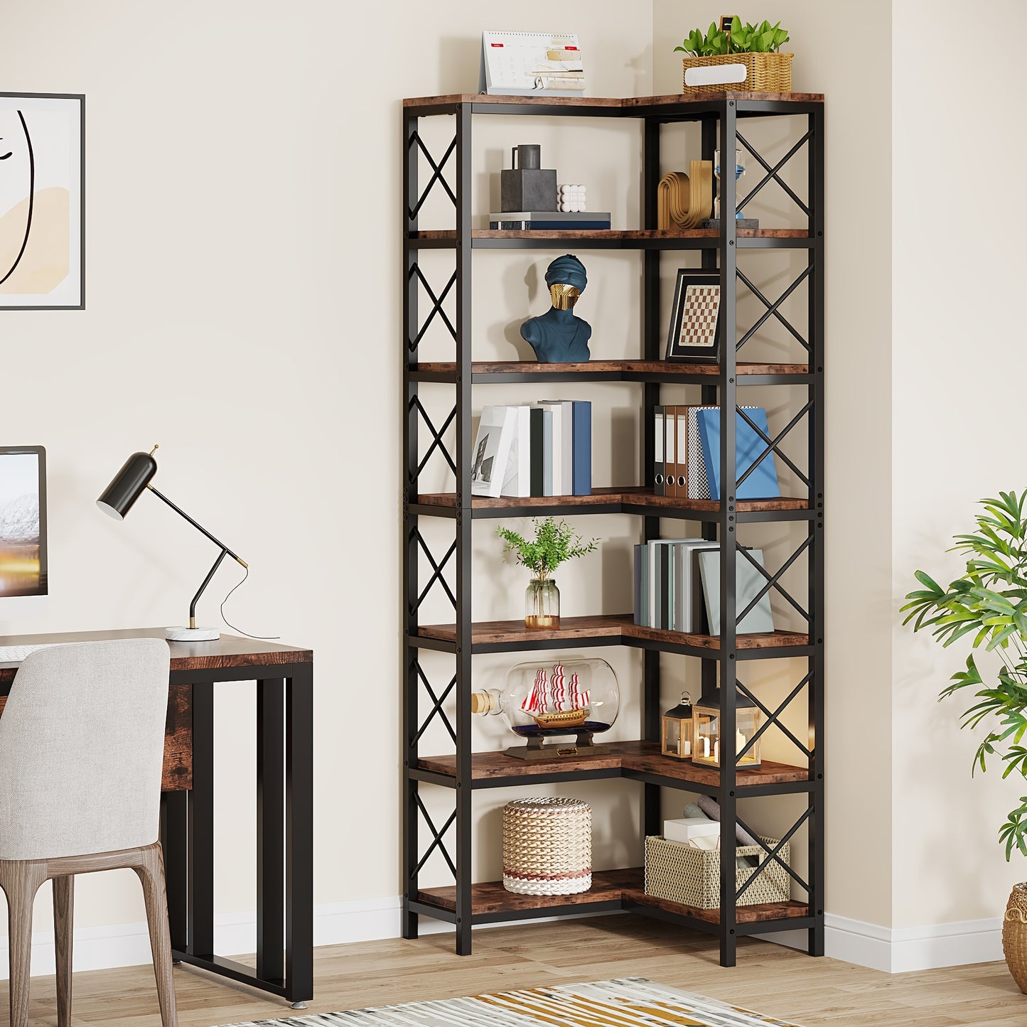 Boekenrek – Boekenkast – Hoekboekenplank – Opbergkast – Vakkenkast – 7-laags – Industrieel design – Metaal & Hout – 60x60x201 cm – 11,34 kg draagvermogen per plank