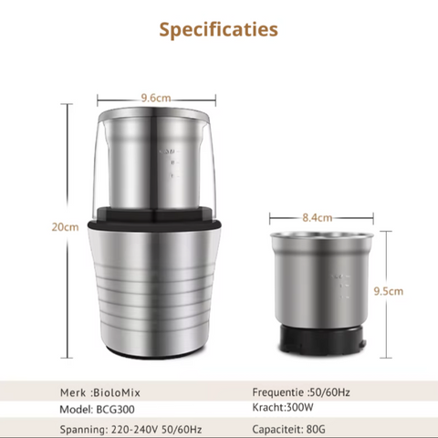 Elektrische Kruiden- en Koffiebonenmolen - 2-in-1 Nat en Droog - Dubbele bekers - Multifunctionele Molen - 300W - Roestvrijstalen behuizing en maalbladen - QUORE