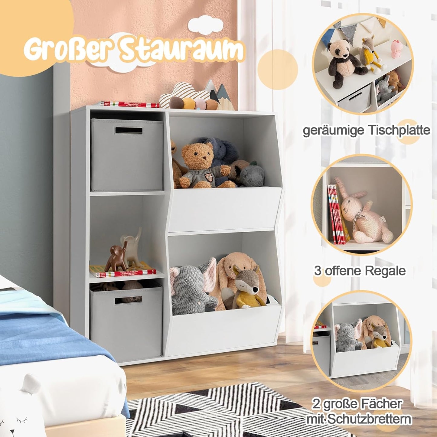 Opbergkast Kind – Speelgoedkast – Boekenkast – Kindermeubel – Opbergrek – 5 Vakken – 2 Stoffen Binten – Wit Hout – Compact & Stevig Design – Kindvriendelijk