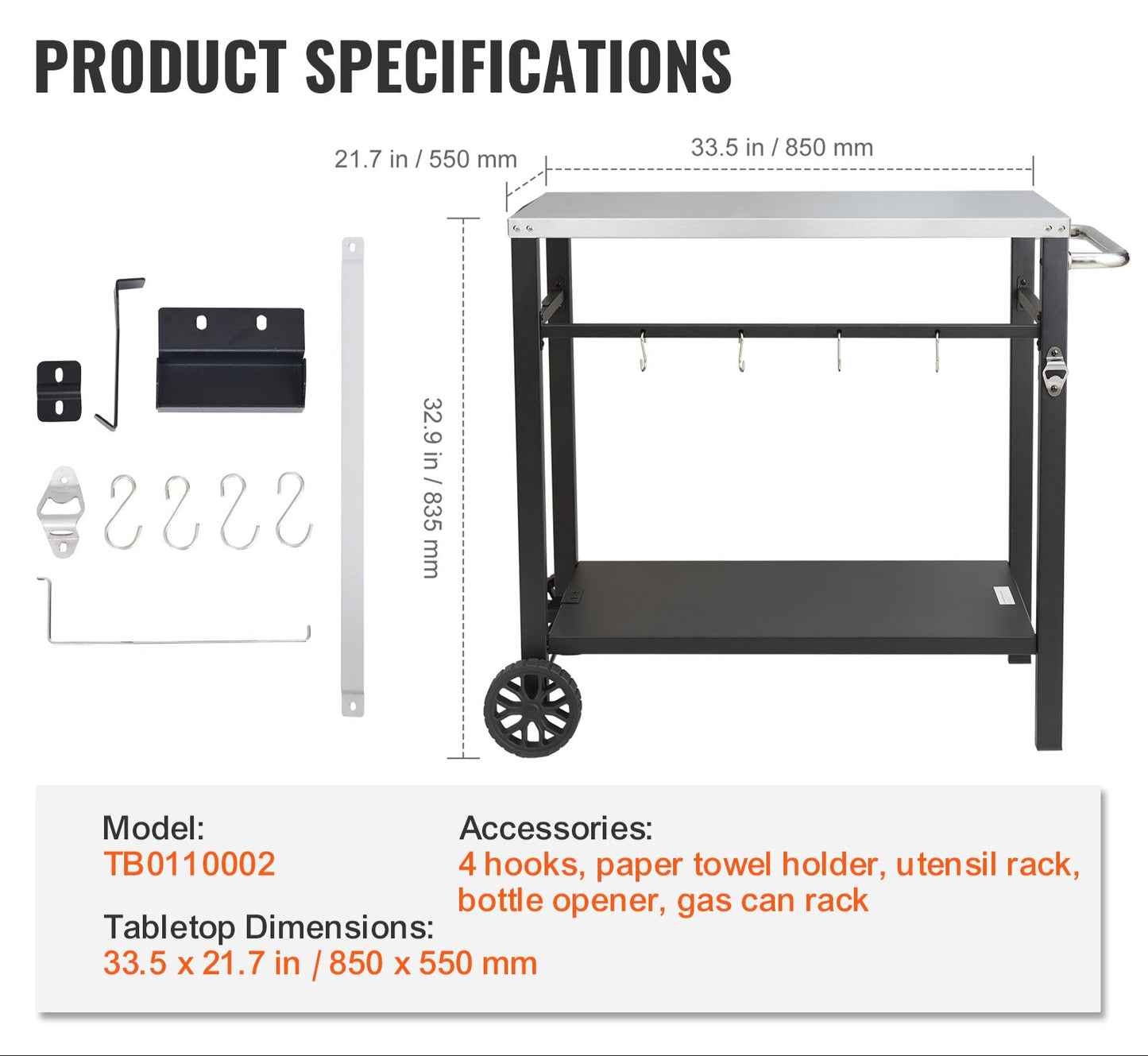 BBQ Werktafel – Barbecue Tafel – Grilltafel – Buitenkeuken Trolley – Werkbank Buiten – Roestvrijstalen Blad – Dubbele Plank – 85x55 cm – Verrijdbaar Met 2 Wielen