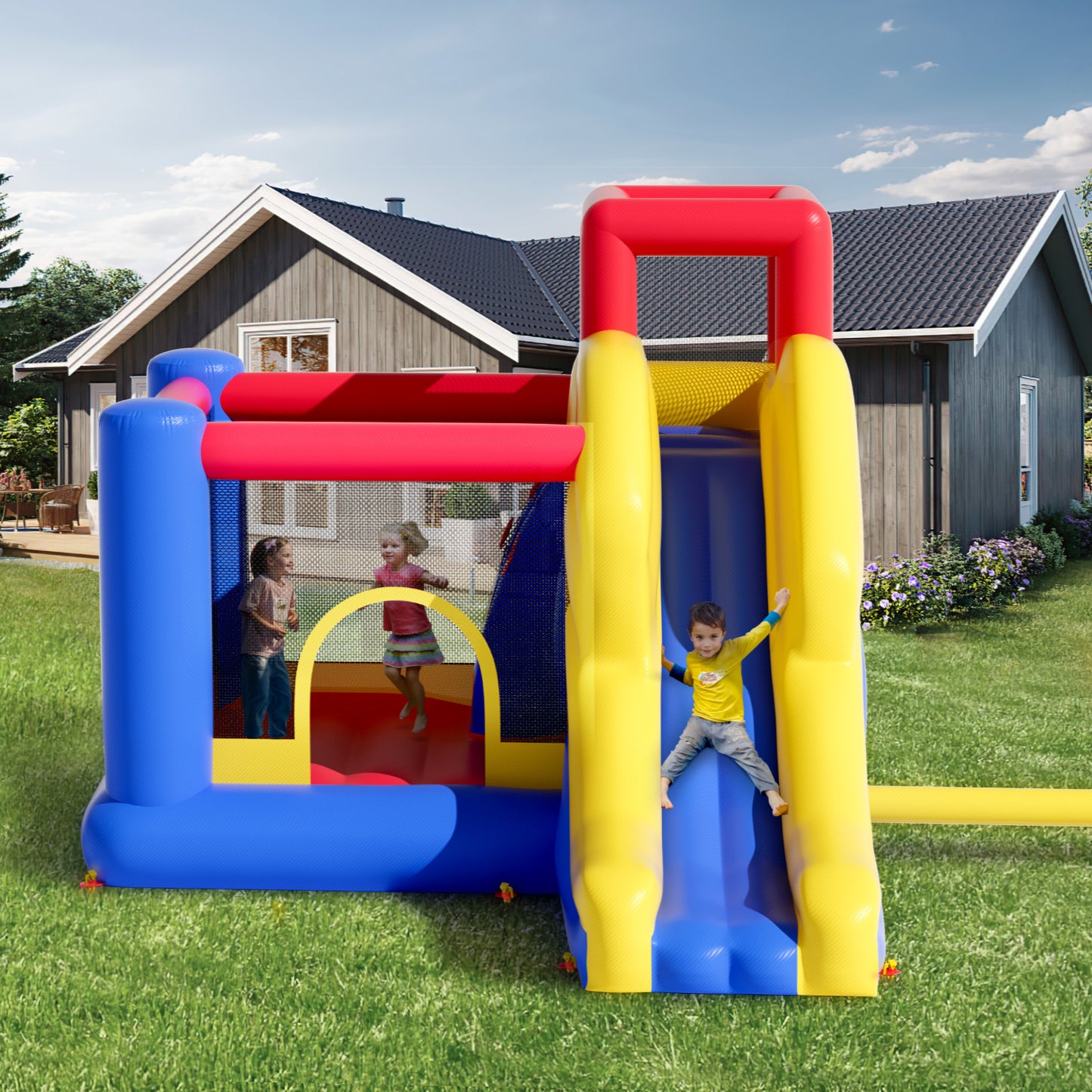 VEVOR Inflatable Bounce House, Outdoor High Quality Playhouse Trampoline, Jumping Bouncer with Blower, Slide, and Storage Bag, Family Backyard Bouncy Castle, for Kid Ages 3–8 Years, 134x102x91 inch