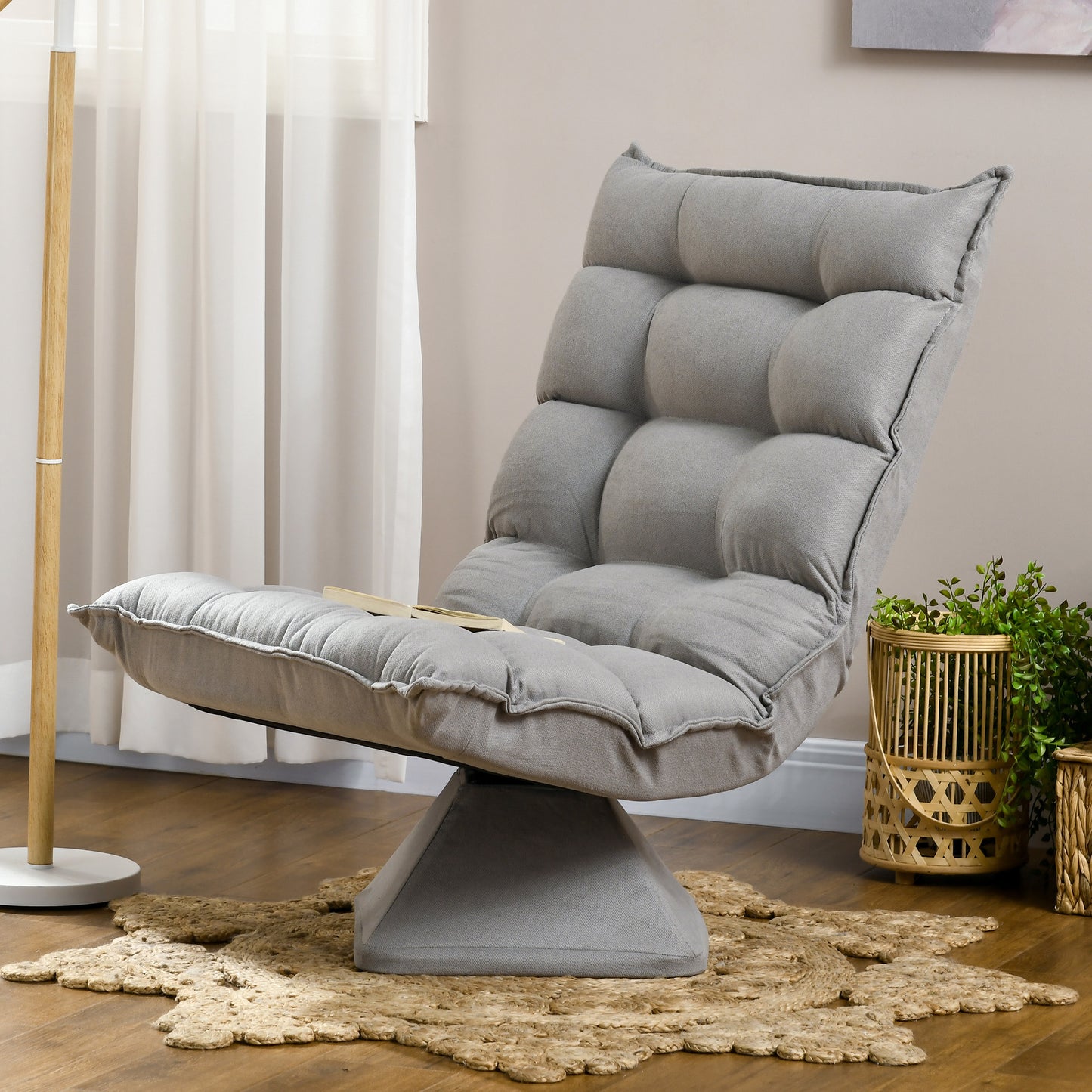 Vloerstolstoel – Grondstoel – Loungestoel – Relaxstoel – Gamingstoel – Lichtgrijs – Verstelbare Rugleuning Tot 120° – 360° Draaibaar Met Stalen Frame