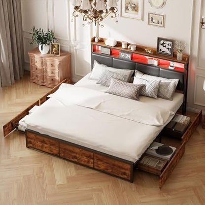 Tweepersoonsbed – Gestoffeerd Bed – Led Bed – Opberglade Bed – Zwart Bed – 180x200 cm – Ingebouwde LED-Verlichting – Vier Ruime Opberglades
