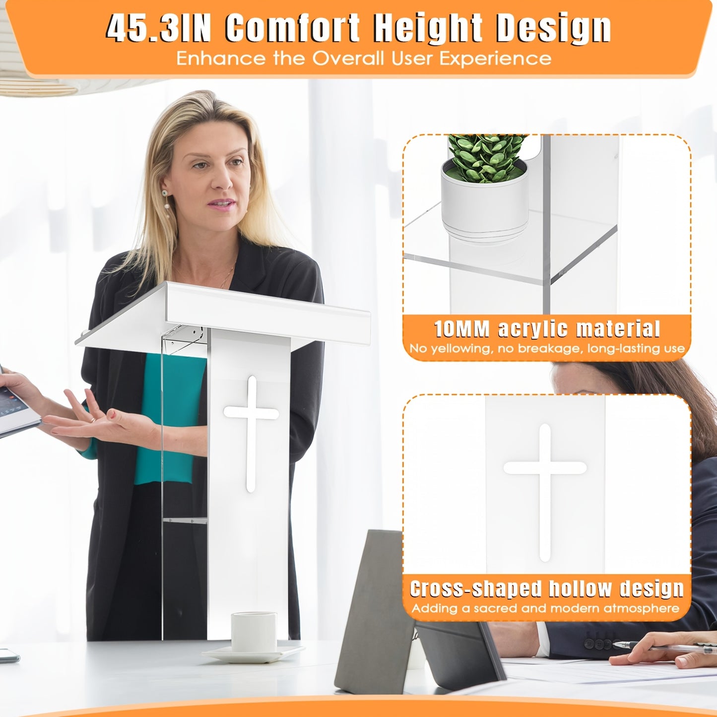 Spreekgestoelte – Podium – Lessenaar – Katheder – Presentatiestand – Acryl 10mm Dikte – Versterkte IJzeren Basis – Schuin Werkblad 60x40 cm