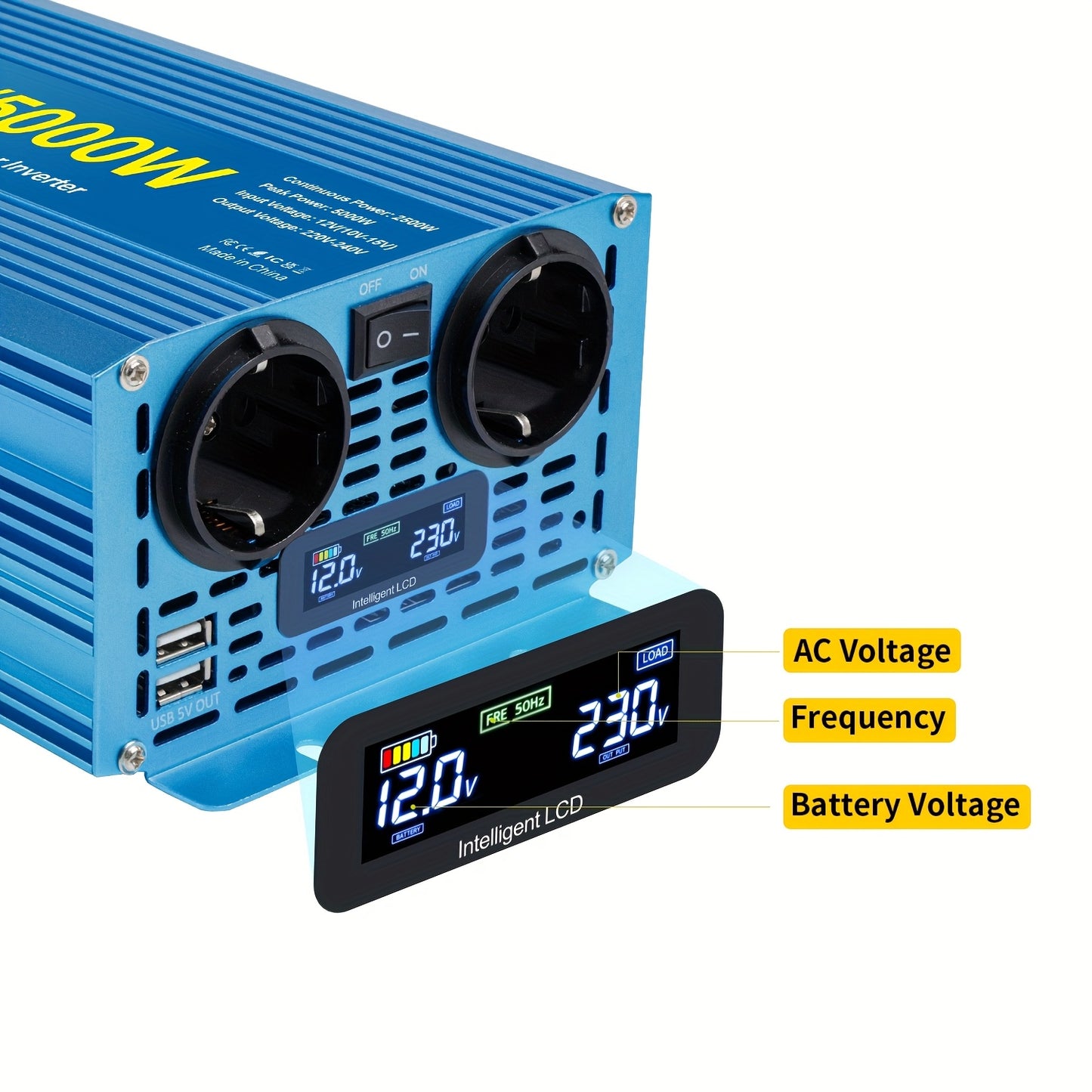Spanningsomvormer – Omvormer – Inverter – Stroomomzetter – Converter – 2500W Zuivere Sinus – Aluminium Behuizing – LCD Display – 2x 230V Stopcontacten + USB