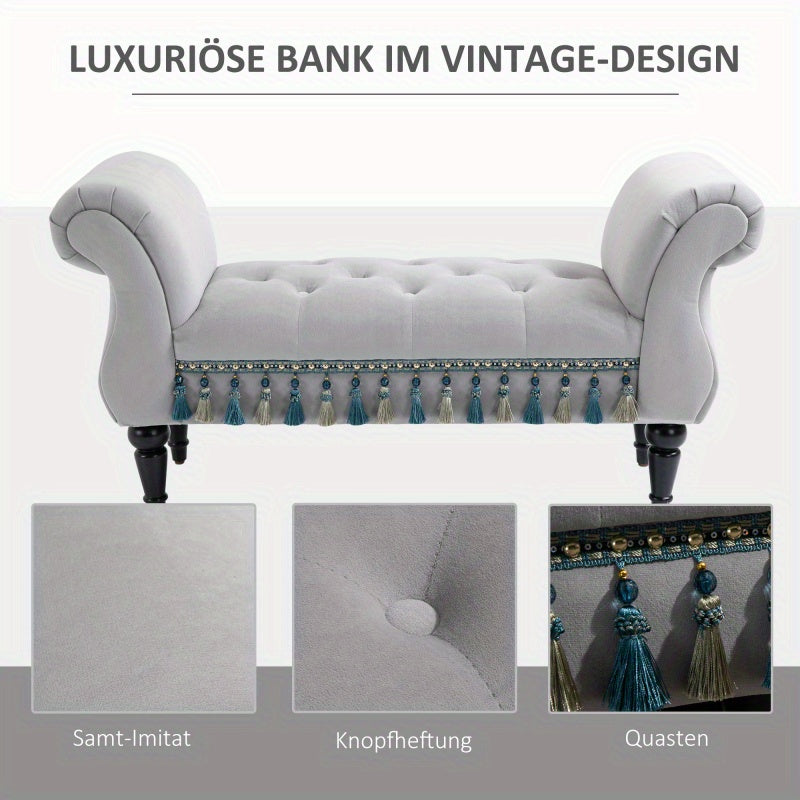 Bankje – Zitbank – Sitzbank – Halbankje – Opbergbank – Gestoffeerd Vintage Design – Grijze Polyester Bekleding – Stevig Houten Frame – 117x40x58 cm