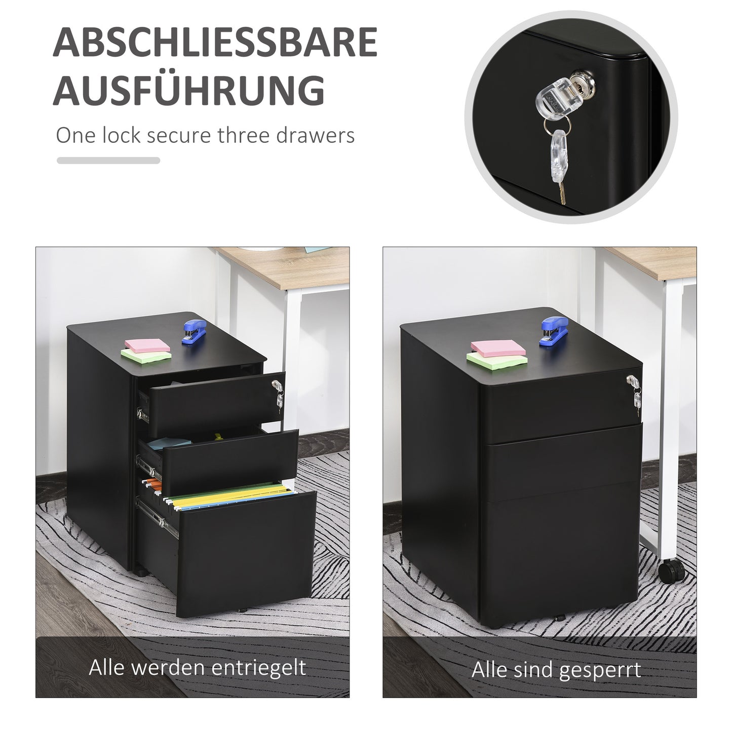 Rollcontainer – Mobiele Kast – Ladekast – File Cabinet – Opbergkast – 3 Laden – Stalen Behuizing – Zwart – 39x48x59 cm – Centraal Slot – Zwenkwieltjes