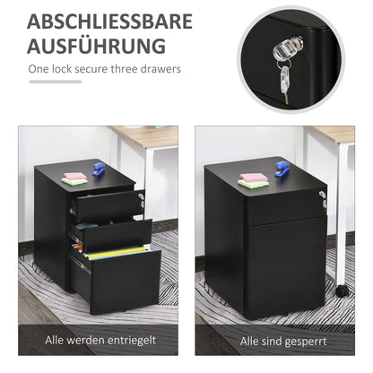 Rollcontainer – Mobiele Kast – Ladekast – File Cabinet – Opbergkast – 3 Laden – Stalen Behuizing – Zwart – 39x48x59 cm – Centraal Slot – Zwenkwieltjes