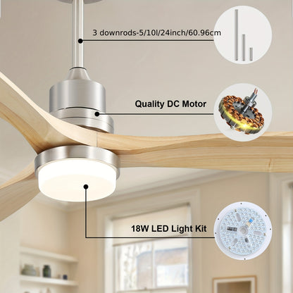 Plafondventilator – Ventilator – Luchtcirculator – Plafondwaaier – Houtventilator – Brushed Nickel Met Massief Houten Bladen – 132 cm – Dimbare LED-verlichting & Reversibele Stille DC Motor