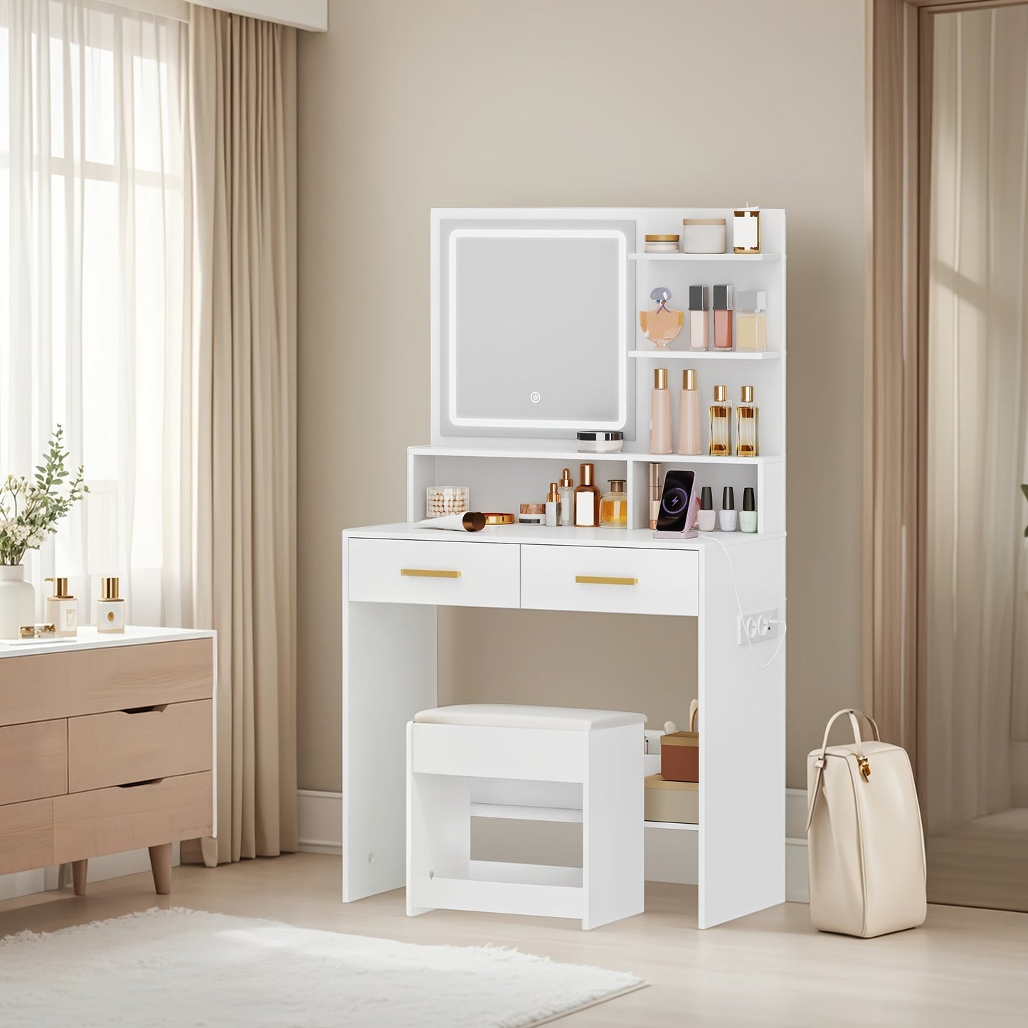 Dressing Table With Adjustable LED Lights, Rechargeable AC Socket And USB Port, Vanity Makeup With Soft Dressing Stool, 2 Drawers, Open Organisers, For Bedroom, Cloakroom, White