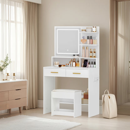 Dressing Table With Adjustable LED Lights, Rechargeable AC Socket And USB Port, Vanity Makeup With Soft Dressing Stool, 2 Drawers, Open Organisers, For Bedroom, Cloakroom, White