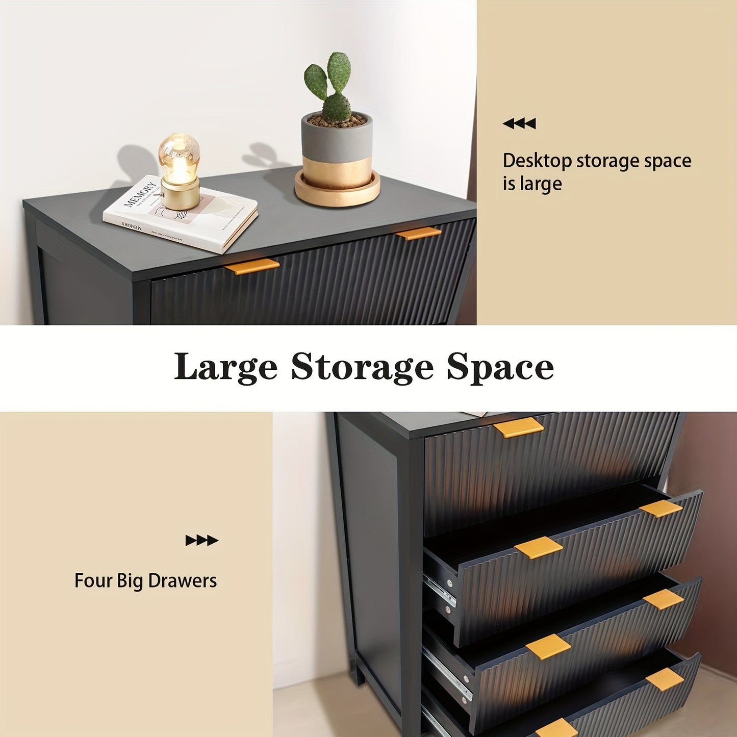 Ladekast – Commode – Kast – Dressoir – Ladeblok – Zwart – 4 Ruime Lades – Duurzaam MDF Met Metaal