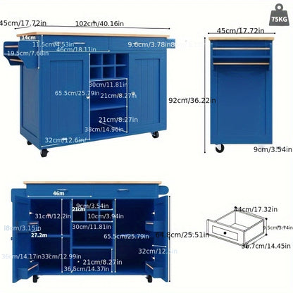 Keukentrolley – Keukenwagen – Serveerwagen – Opbergtrolley – Keukenrek – Blauw – Mobiel met 4 Wielen – Ruim Werkblad en Opbergruimte