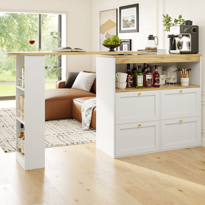 Barkast – Drankkast – Wijnkast – Buffetkast – Barkast Op Wieltjes – 360° Draaibaar – 4 Lades + Open Planken – Wit – 105x39x102 cm