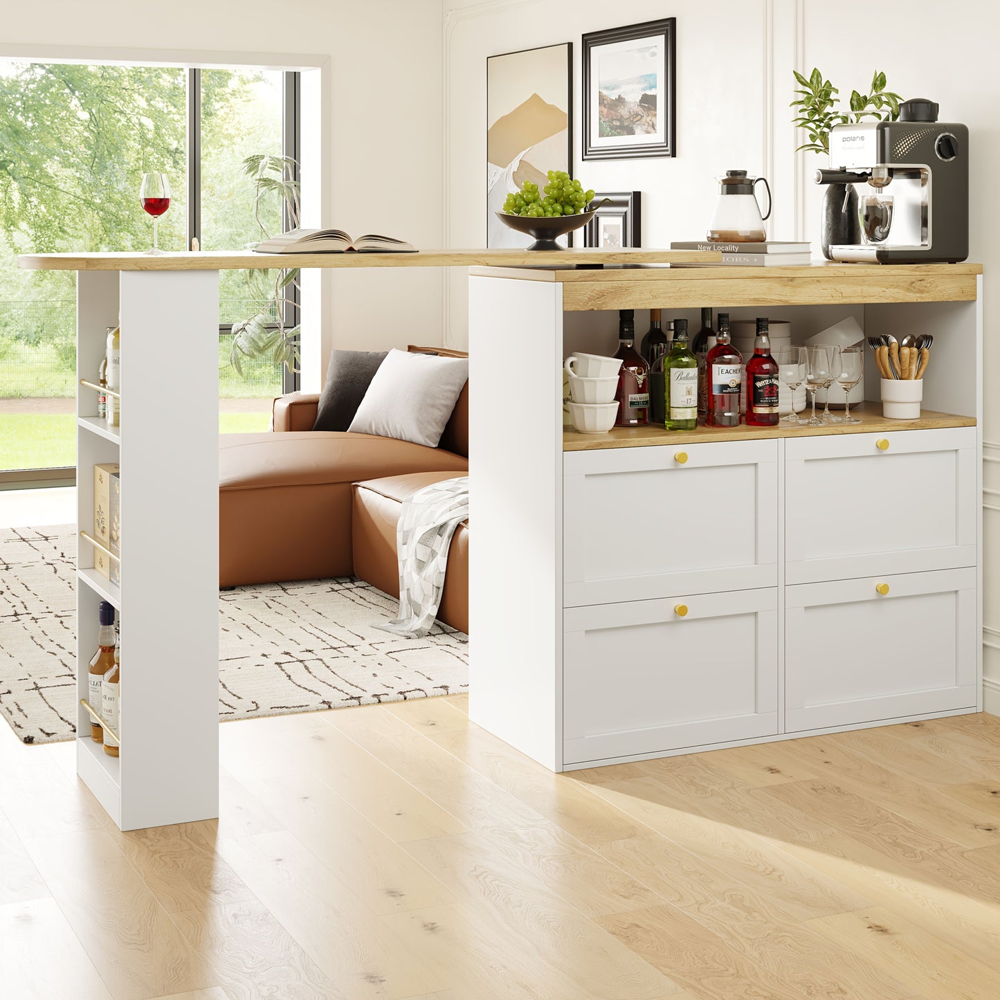 Bartafel – Barkruktafel – Statafel – Barmeubel – Zwarte 360° Draaibare Bartafel – Vier Lades – Open Planken – 105x39x102 cm – Klassiek Design