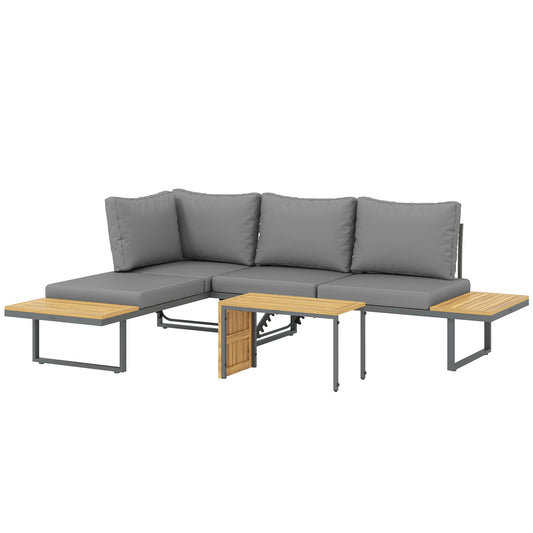 Loungeset – Tuinmeubelen – Buitenmeubilair – Hoekbank – Loungesofa – Acaciahout – 6-Delige Set – Verstelbare Rugleuningen – Grijze Kussens