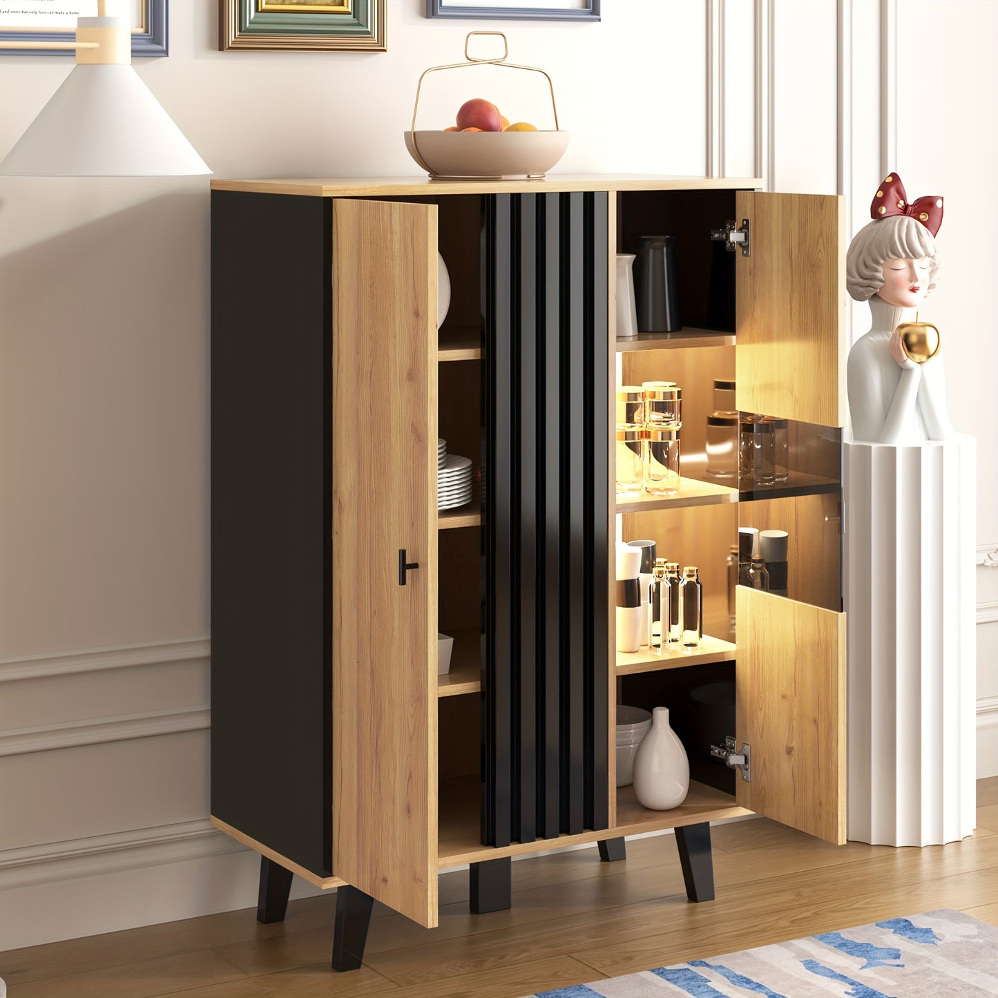 Dressoir – Dressoir Met Zijkasten – Opbergkast – Kast – Wandmeubel – Laminaten Afwerking – Uniek Zwart Houtnerfpatroon