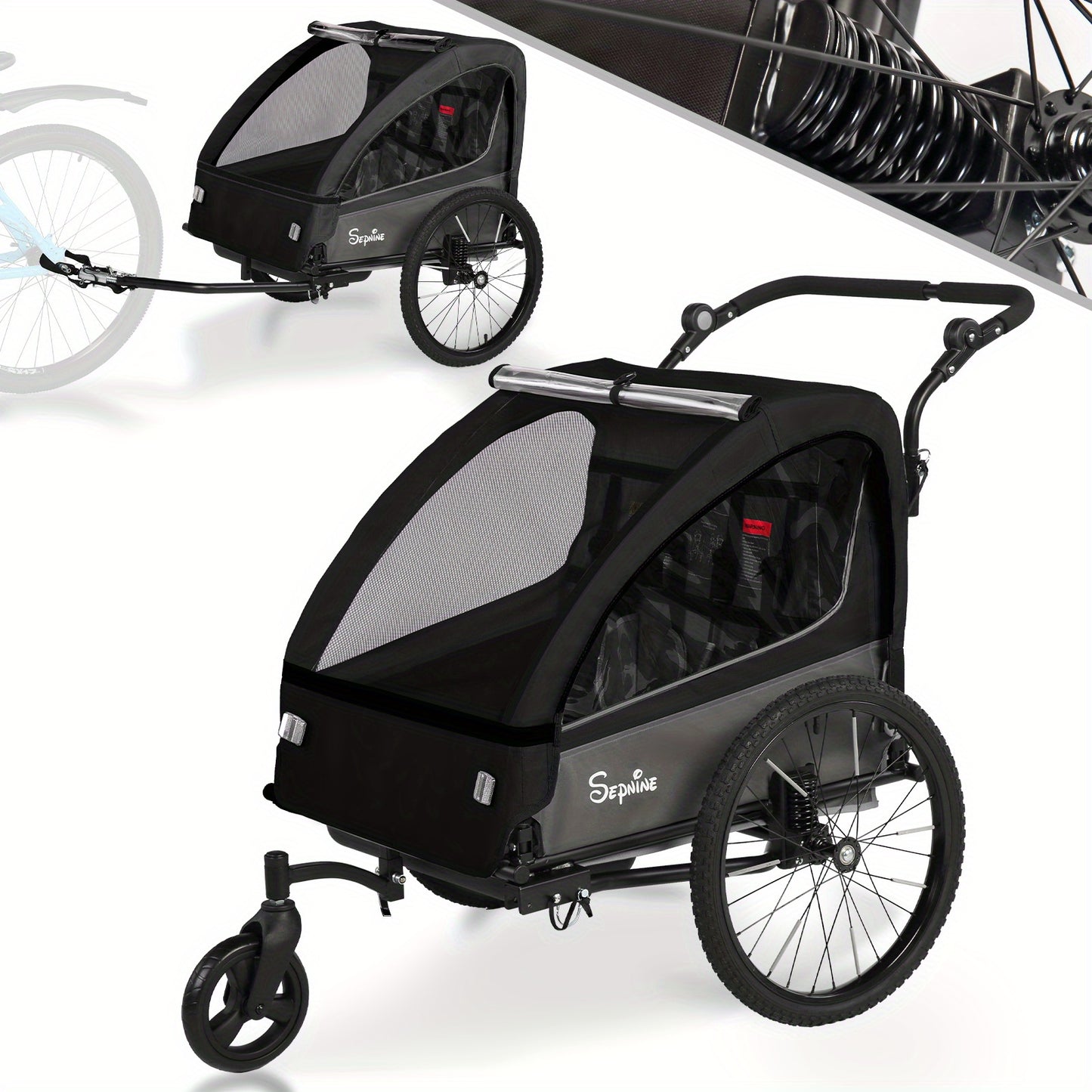 Fietsaanhanger – Fietskar – Kinderfietskar – Aanhangwagen – Buggy – 2-in-1 Tweepersoons – Met Vering – Inklapbaar & Eenvoudig Montage – Max 40 Kg