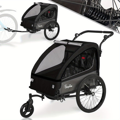 Fietsaanhanger – Fietskar – Kinderfietskar – Aanhangwagen – Buggy – 2-in-1 Tweepersoons – Met Vering – Inklapbaar & Eenvoudig Montage – Max 40 Kg