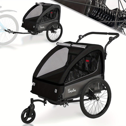 Fietsaanhanger – Fietskar – Kinderfietskar – Aanhangwagen – Buggy – 2-in-1 Tweepersoons – Met Vering – Inklapbaar & Eenvoudig Montage – Max 40 Kg