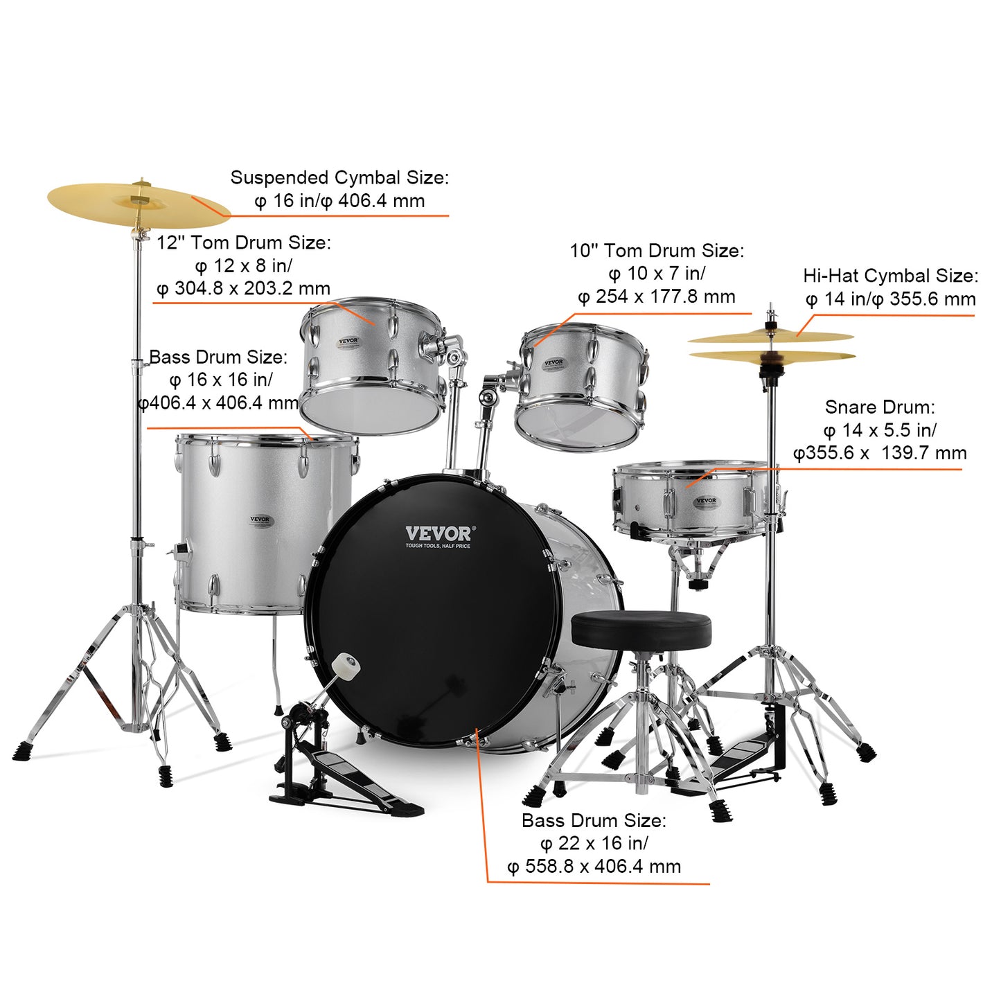 Drumstel – Drumset – Elektrisch Drumstel – E-Drum – Percussie Set – 5-delig Compleet – 22 Inch Bass Drum – Verstelbare Kruk
