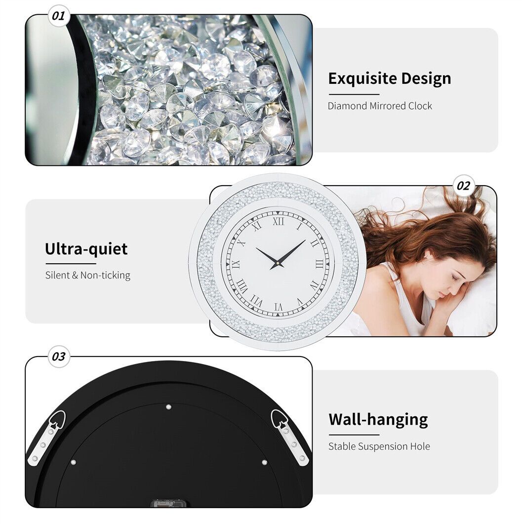 Spiegelklok – Wandklok – Klok – Muurklok – Stil Quartz – 60 cm Diameter – Kristallen Inleg – Romeinse Cijfers