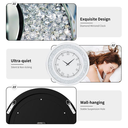 Spiegelklok – Wandklok – Klok – Muurklok – Stil Quartz – 60 cm Diameter – Kristallen Inleg – Romeinse Cijfers