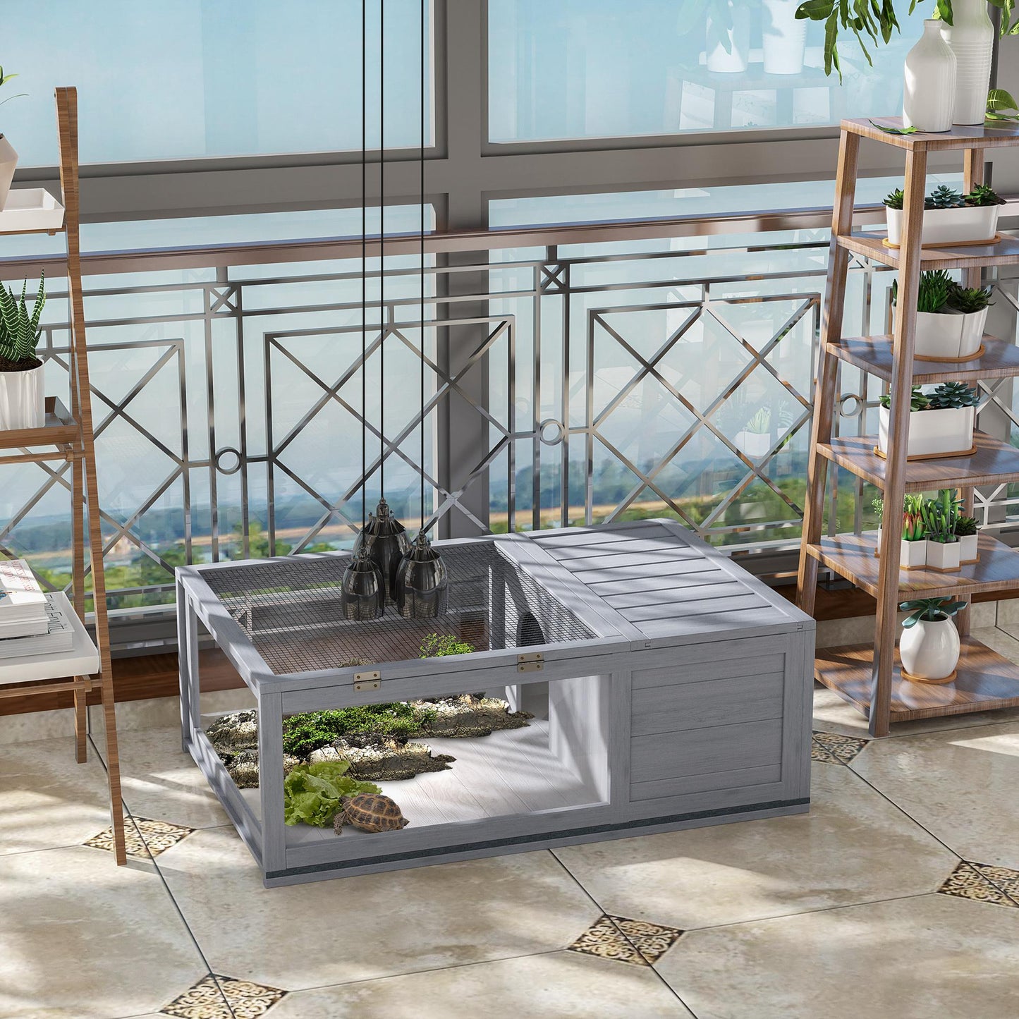 Huisjes Voor Schildpadden – Buitenren – Terrarium – Kooien – Klimhok – Hout Met Gaas – 2 Ruimtes – 91x60,5x32 Cm – Veilig & Ventilerend – Grijs