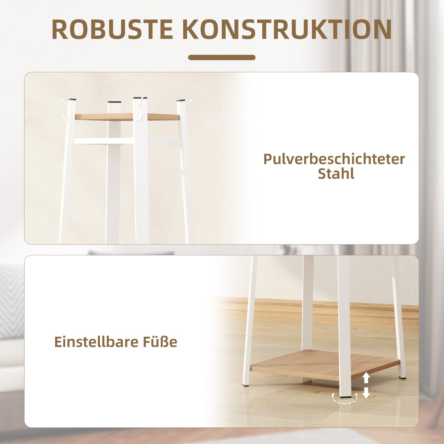Kapstok – Kledingrek – Garderoberek – Jashenrek – Opberger – Trapeziumvormig Design – 8 Dubbele Haken – 3 Legplanken – Staal Wit Met Eikenkleur