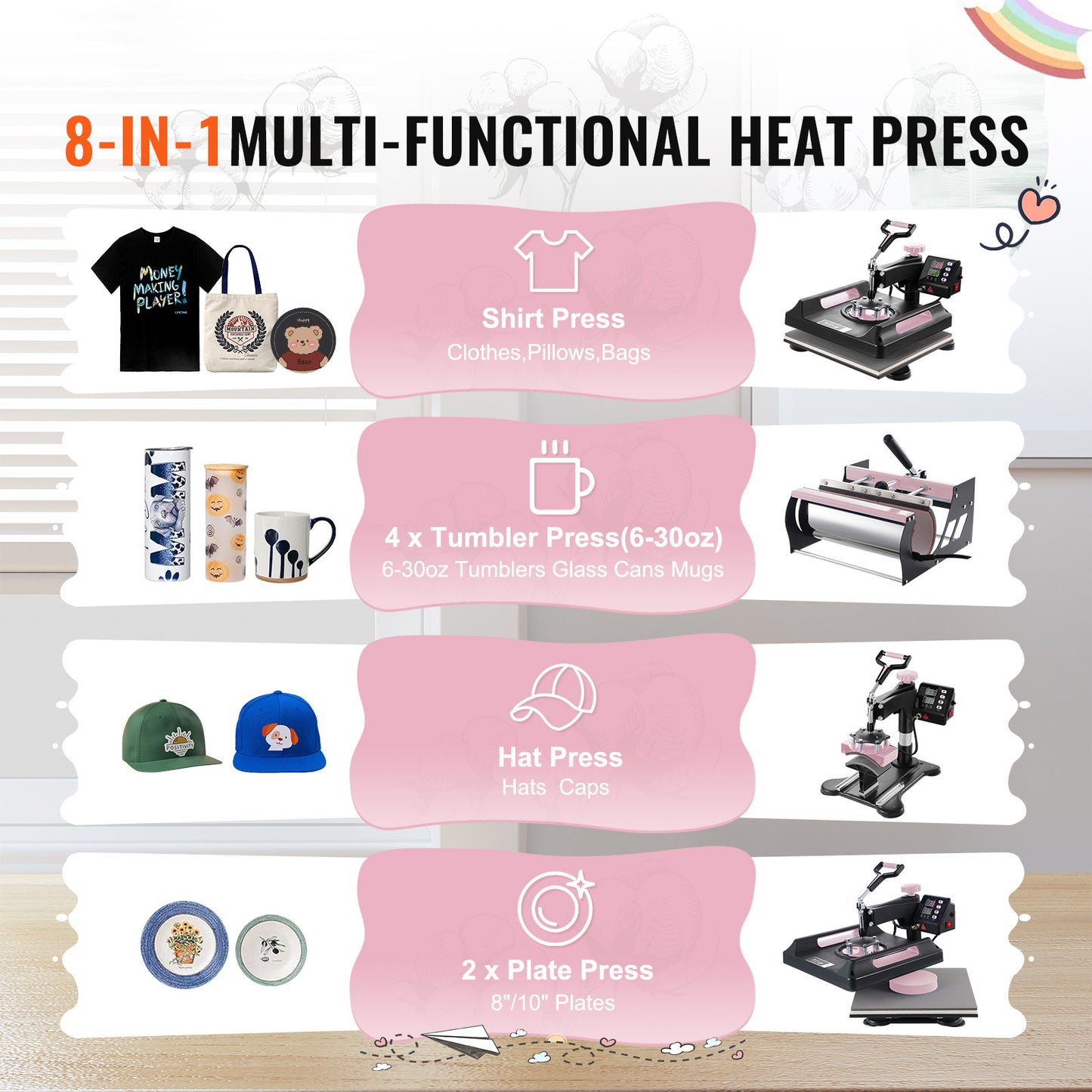 Transferpers – Hittepers – Texielpers – Mokkenpers – 8-in-1 Multifunctionele Heat Press – 15x15 cm Persvlak – 2 Mokken Tegelijk Pressen