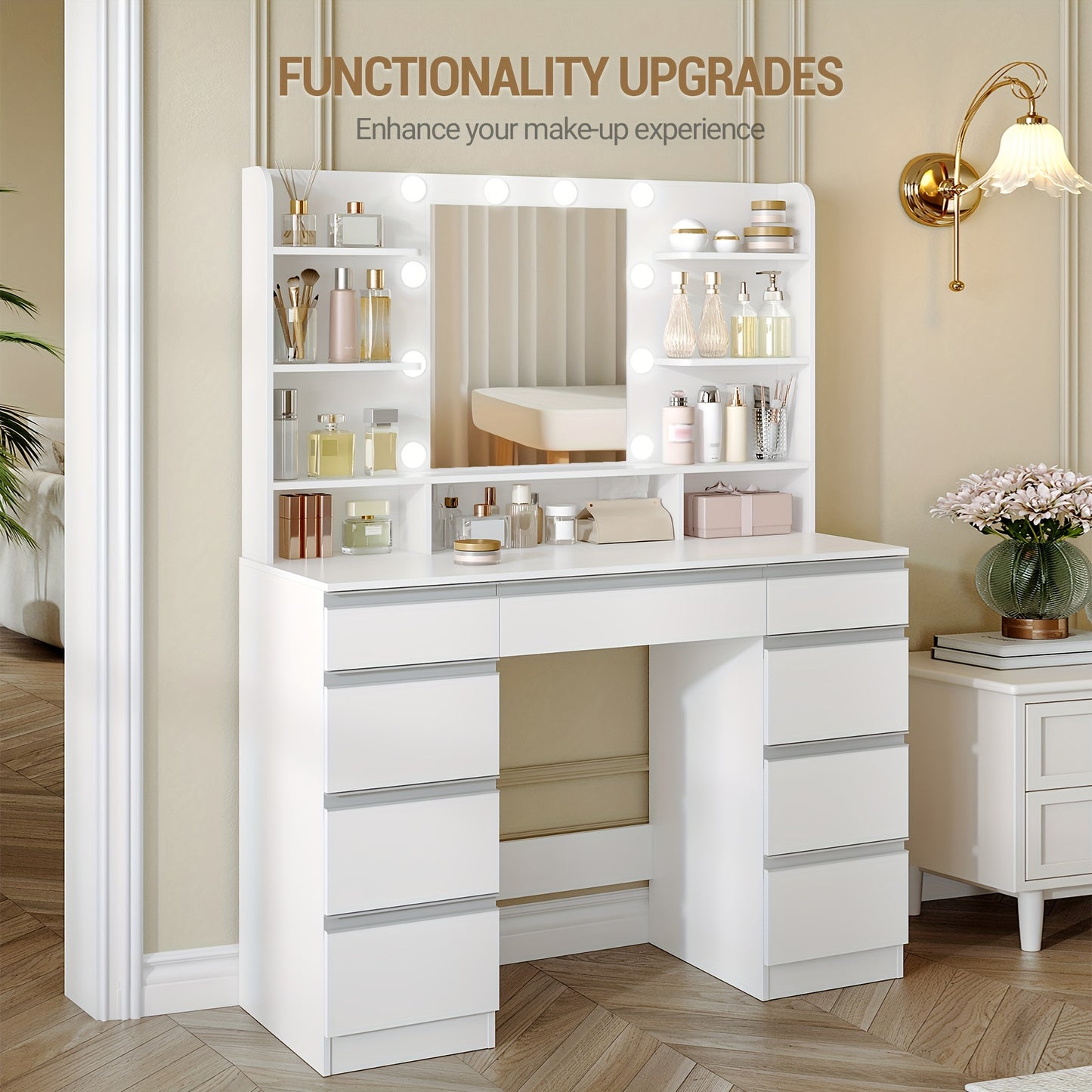 Dressing Table, 3 Colors, Adjustable Brightness, Large HD Mirror, 1 Large Drawer And 8 Small Drawer Cabinets, 9 Open Shelves, White