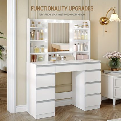 Dressing Table, 3 Colors, Adjustable Brightness, Large HD Mirror, 1 Large Drawer And 8 Small Drawer Cabinets, 9 Open Shelves, White
