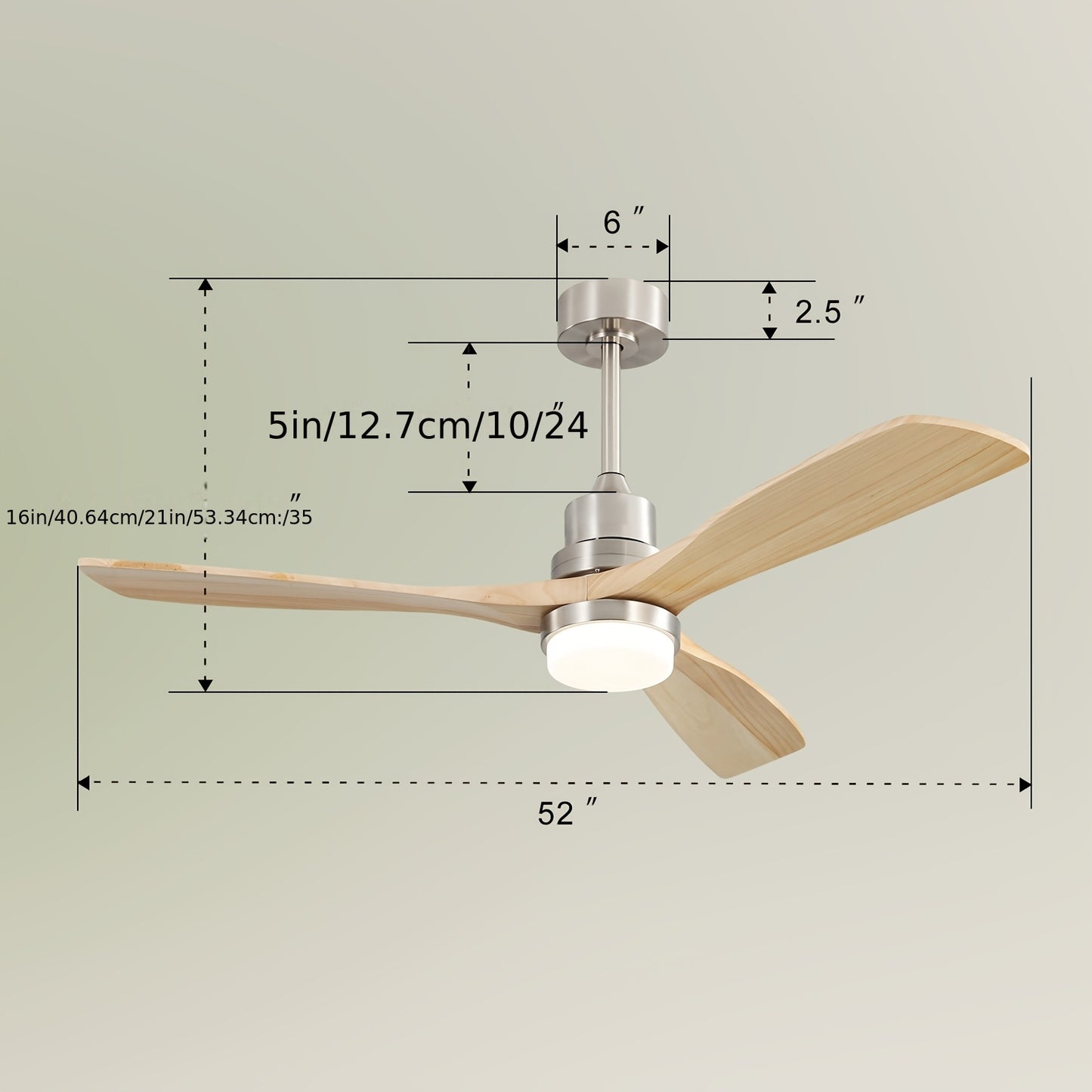 Plafondventilator – Ventilator – Luchtcirculator – Plafondwaaier – Houtventilator – Brushed Nickel Met Massief Houten Bladen – 132 cm – Dimbare LED-verlichting & Reversibele Stille DC Motor
