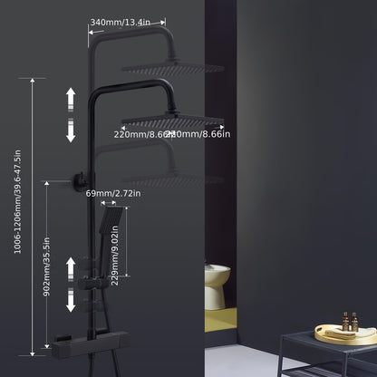 Regendouche – Doucheset – Douche Systeem – Douchekop – Thermostaatkraan – Mat Zwart – RVS Regendouche 22x22 cm – Thermostatische Veiligheid 38°C