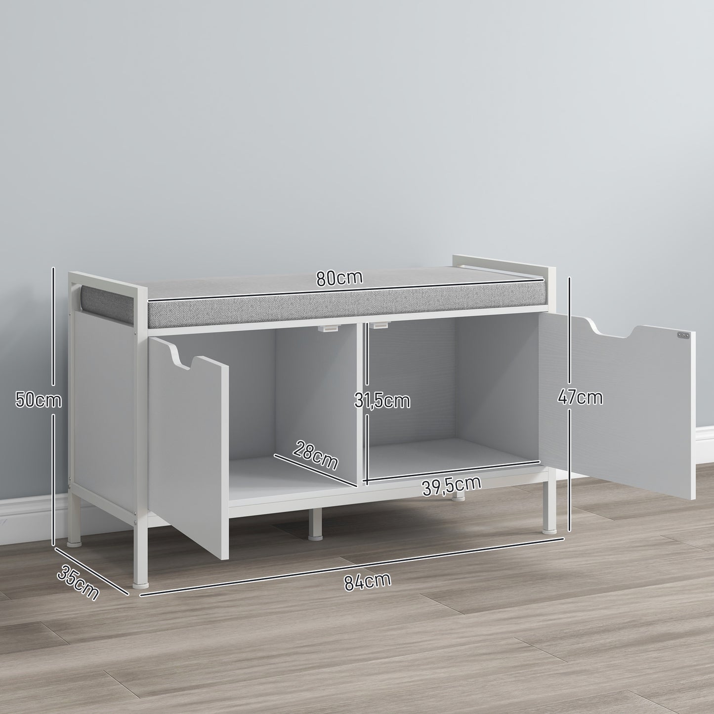 Schoenenkast – Schoenenbank – Schoenenrek – Opbergbank – Halmeubel – Wit – 2 Deuren – Comfortabel Zitkussen