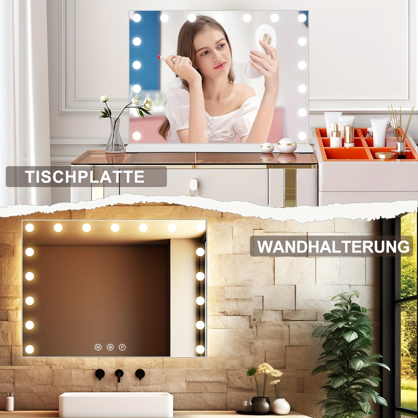 Hollywood Make-up Spiegel – Make-up Spiegel Met Lampen – Schminkspiegel – Beauty Spiegel – Tischspiegel – 17 Dimbare LED Lampen – 80x60 cm Met USB Oplaadfunctie – 10x Vergrotende Spiegel – Wit