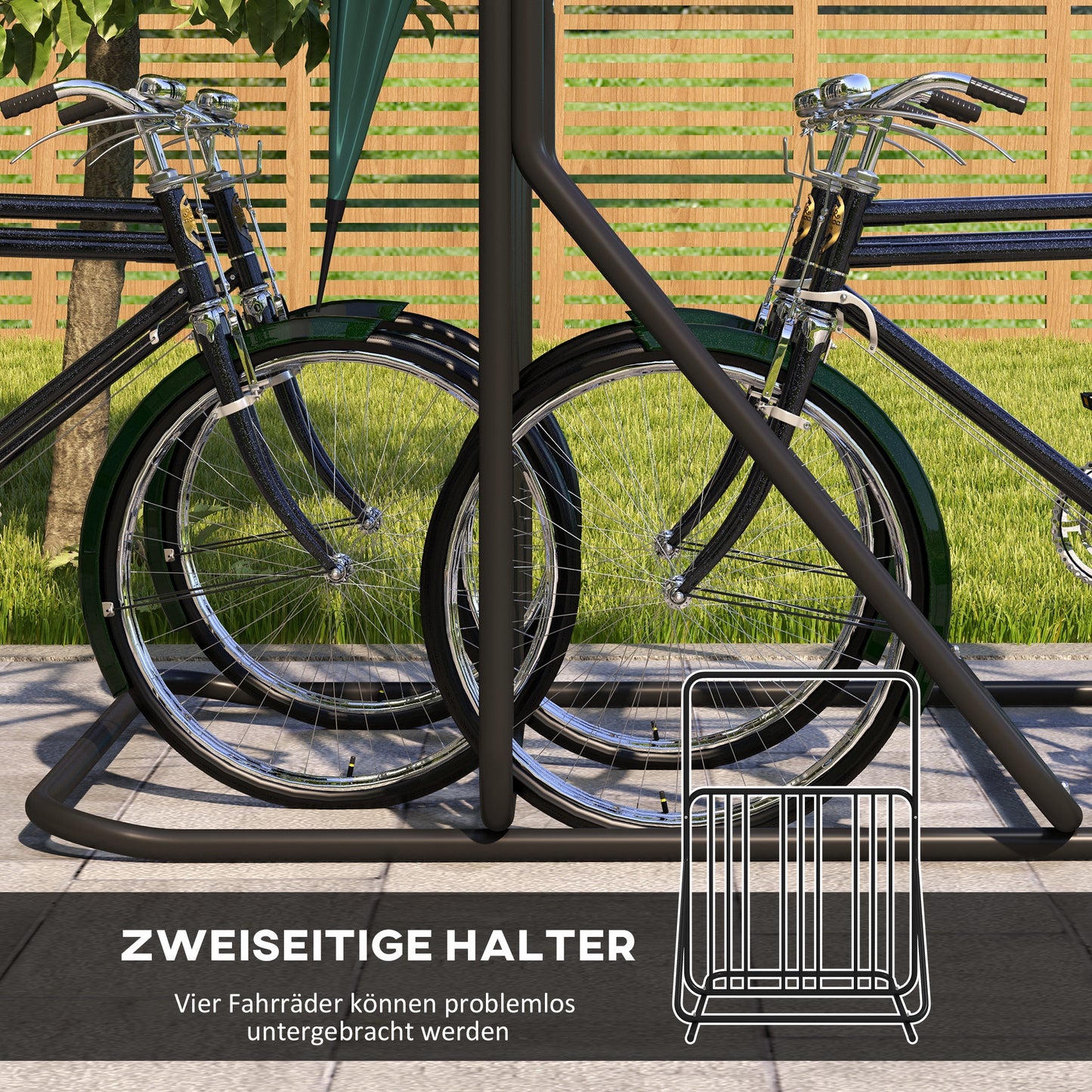 Fietsstandaard – Fietsenrek – Fietsbeugel – Fietszijstandaard – Dubbele Standaard – Weerbestendig Staal – Geschikt Voor 4 Fietsen 102x92x130 cm Zwart