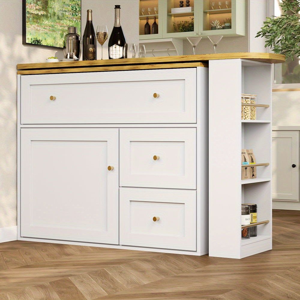 Uitklapbare Bartafel – Bar Tafel – Statafel – Keukeneiland – Bistrotafel – Wit Met Metaal – Uitschuifbaar 138-204 cm – Met Opbergruimte En Snackrek