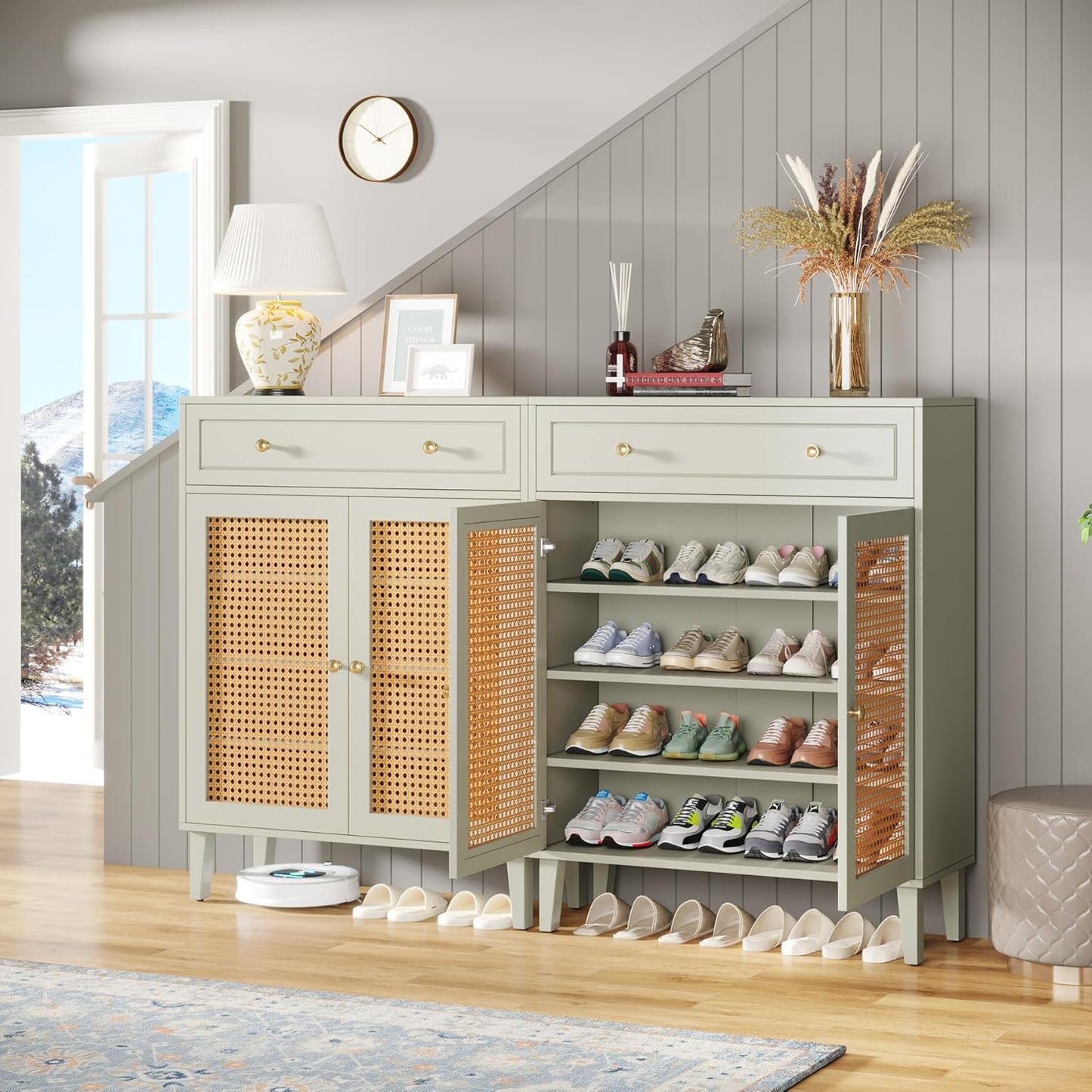 Schoenenkast – Schoenmeubel – Schoenenrek – Schoenopberger – Schoenenschuif – Verstelbare Planken – Duurzaam MDF – Wit Mintgroen – Extra Lade – Vloerbescherming
