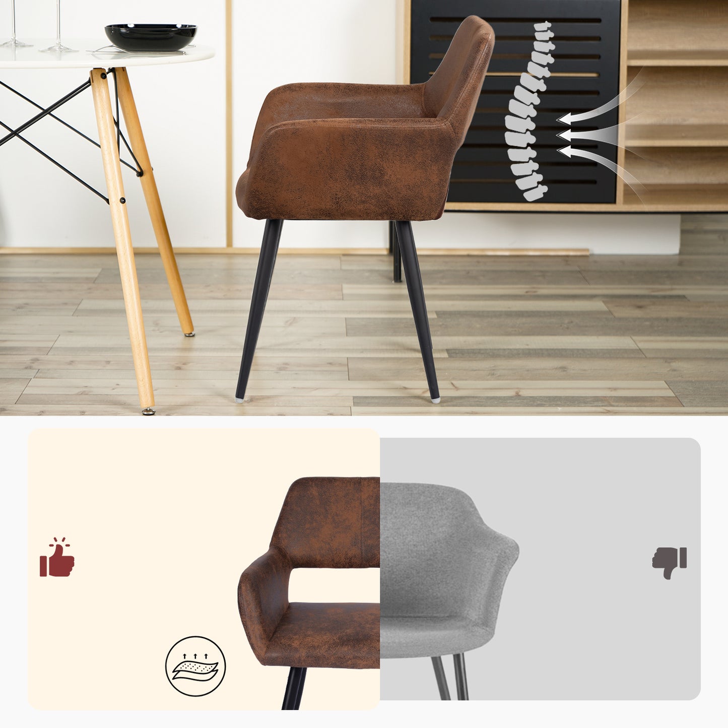 Eetkamerstoel – Kuipstoel – Stoel Met Armleuningen – Industrieel – Retro – Suède Bekleding – Met Metaal Frame – Comfortabel Zitcomfort