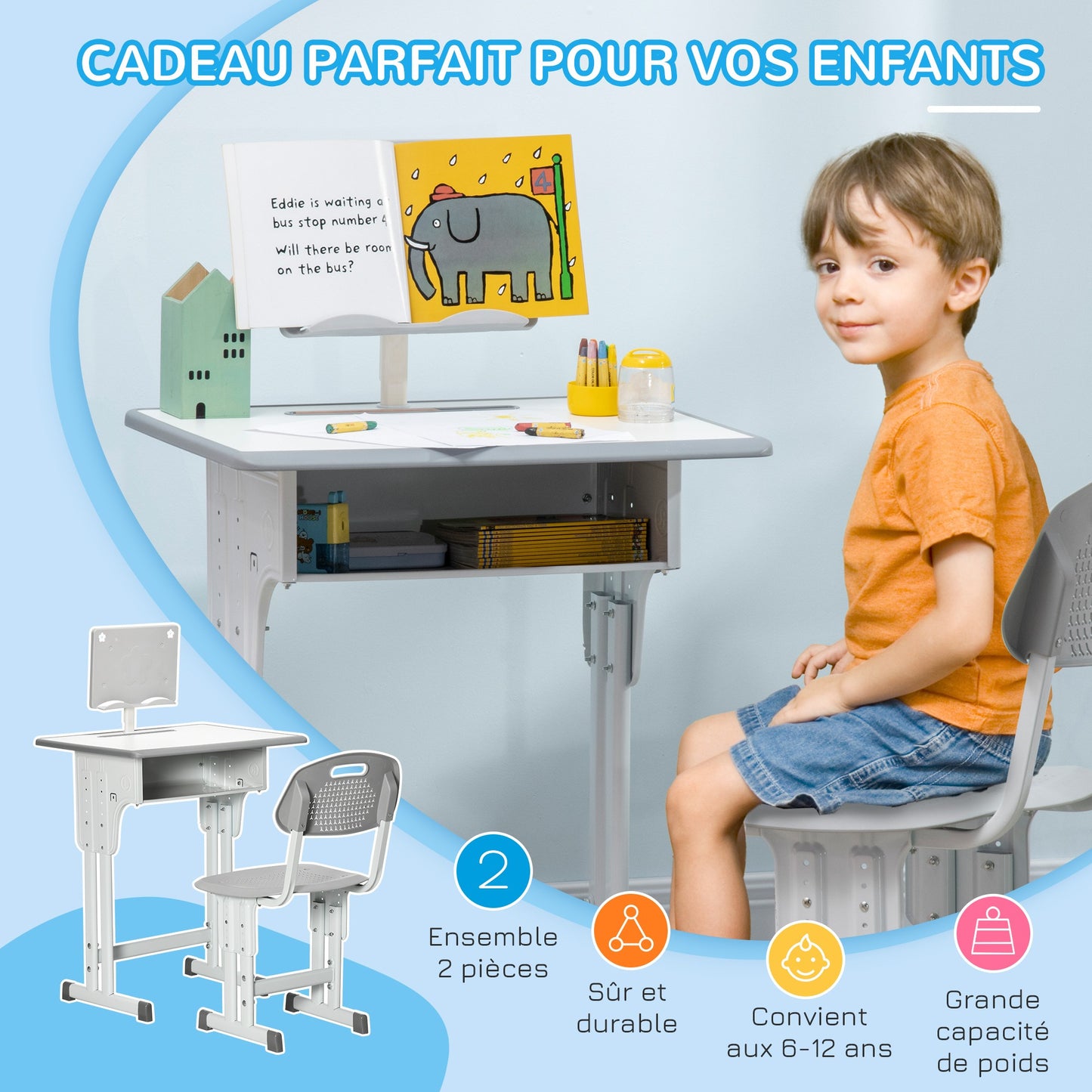 Kinderbureau – Kindertafel – Kindermeubel – Studiebureau – Bureau met Stoel – Verstelbare Hoogte – Met Boekensteun en Opbergruimte – Grijs-Wit – 60x45 cm