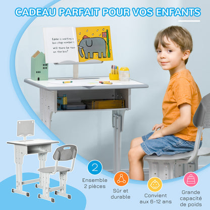Kinderbureau – Kindertafel – Kindermeubel – Studiebureau – Bureau met Stoel – Verstelbare Hoogte – Met Boekensteun en Opbergruimte – Grijs-Wit – 60x45 cm