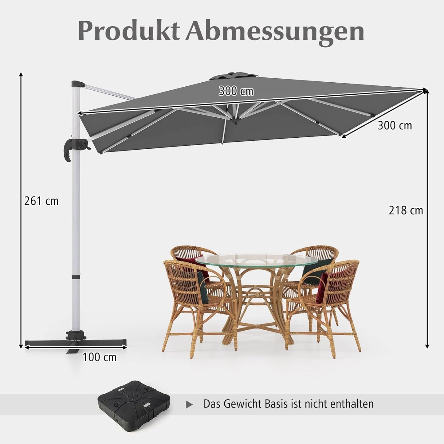 Zweefparasol – Hangparasol – Tuinparasol – Balkonscherm – Terrasparasol – Vierkant – 300x300 cm – Kantelbaar & 360° Draaibaar – Aluminium Frame & Waterafstotend Doek