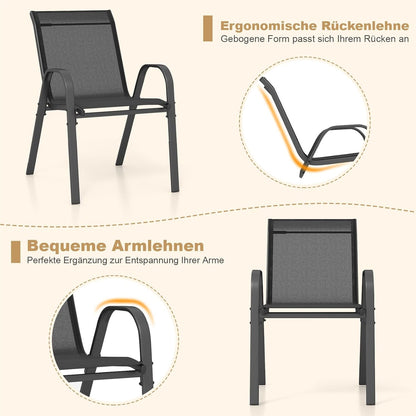 Tuinstoelen – Tuinstoelen – Balkonstoelen – Terrasstoelen – Stapelbare Stoelen – Metalen Frame – Ergonomisch Met Armleuningen – Draagvermogen 150 kg – Zwarte Textiel Bekleding