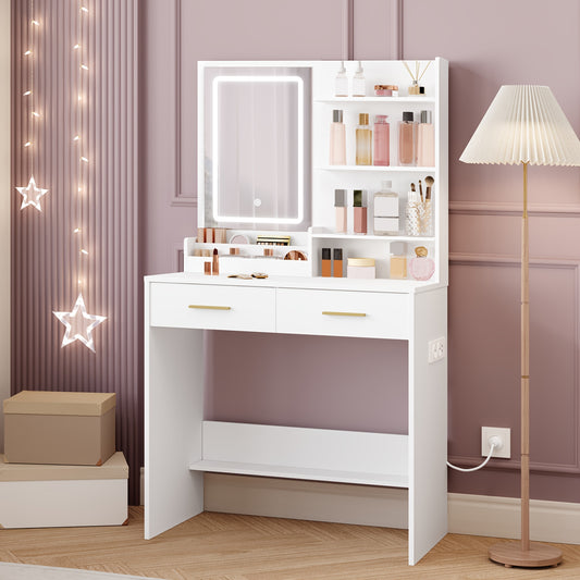 Kaptafel – Make-up tafel – Toillettafel – Schoonheidstafel – Visagietafel – Wit – Verstelbare LED-verlichting – 2 AC Stopcontacten & 2 USB Poorten