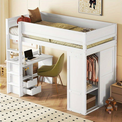 Hoogslaper – Stapelbed – Kinderbed – Eenpersoonsbed – Opbergbed – Ruimtebesparend – Met Kledingkast & Bureau – Duurzame Lichtgewicht Constructie – Modern Minimalistisch Wit Design
