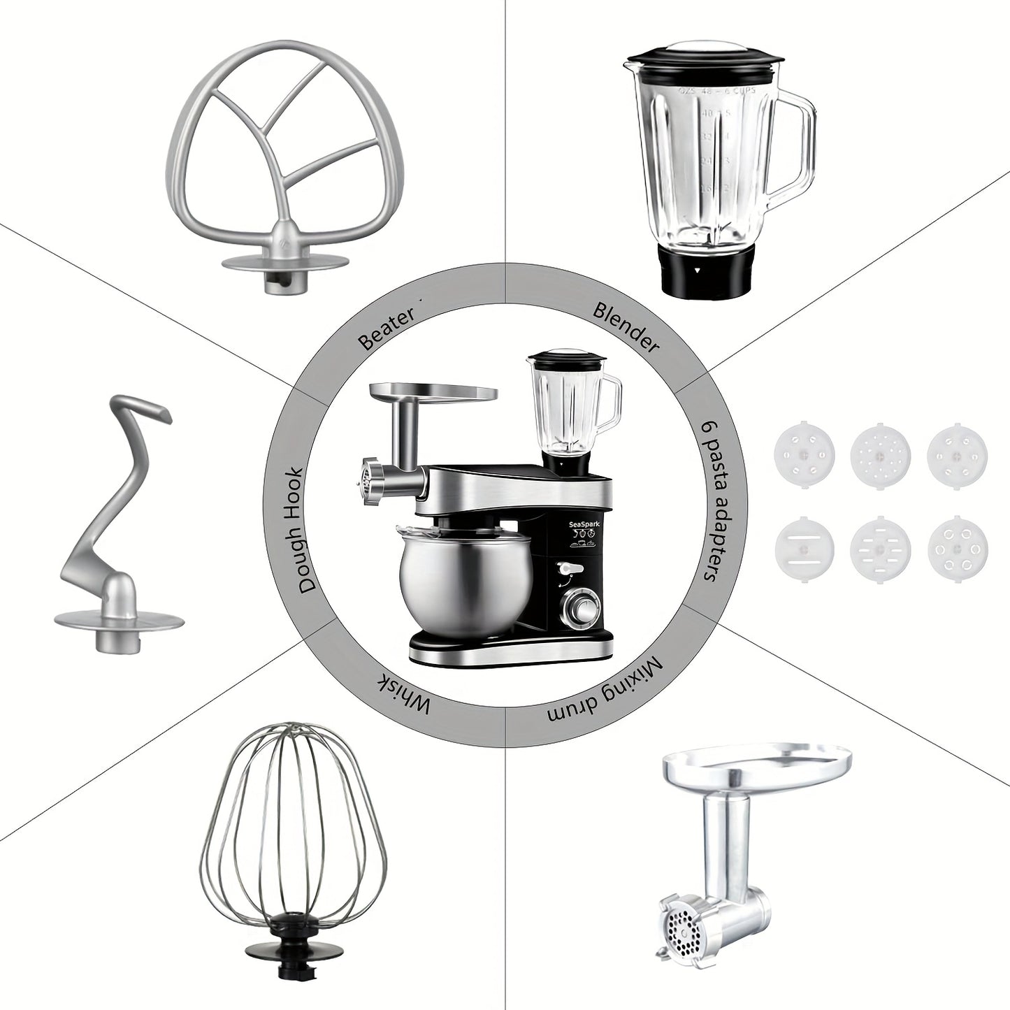 Keukenmixer – 6-in-1 Mixer – Keukenmachine – Deegmixer – Staande Mixer – Zwart – 6 Snelheidsstanden met Pulse – 6,3 Liter RVS Mengkom