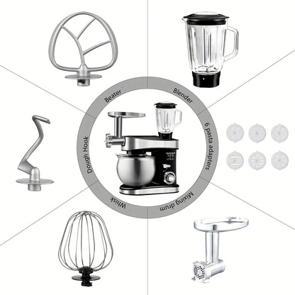 Keukenmixer – 6-in-1 Mixer – Keukenmachine – Deegmixer – Staande Mixer – Zwart – 6 Snelheidsstanden met Pulse – 6,3 Liter RVS Mengkom